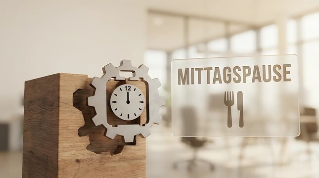 3D render of a practical and symbolic workplace concept featuring a time clock being cut out or stopped with the words "lunch break" in German representing an icon for no working hours during the