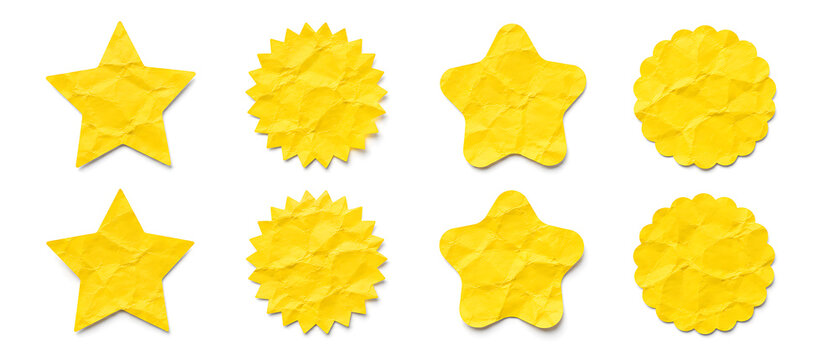 Crumpled yellow paper star stickers, set of 8 textured paper badges, decorative wrinkled star and sunburst shapes for scrapbooking isolated on White Background ai