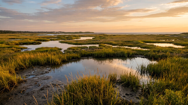 Healthy coastal tidal pools surrounded by native marsh vegetation illustrating blue carbon ecosystems, biodiversity, and shoreline resilience for environmental communication.