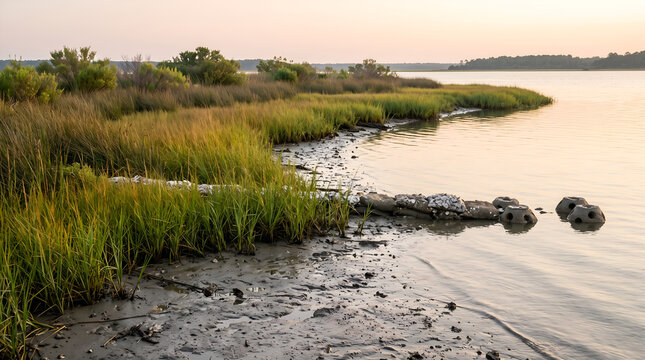 Natural living shoreline protecting coastal wetlands through ecosystem restoration, blue carbon storage, and climate adaptation for ESG reporting and conservation projects.