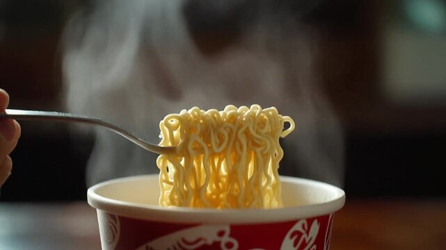 Instant noodles being lifted from a red and white cup.