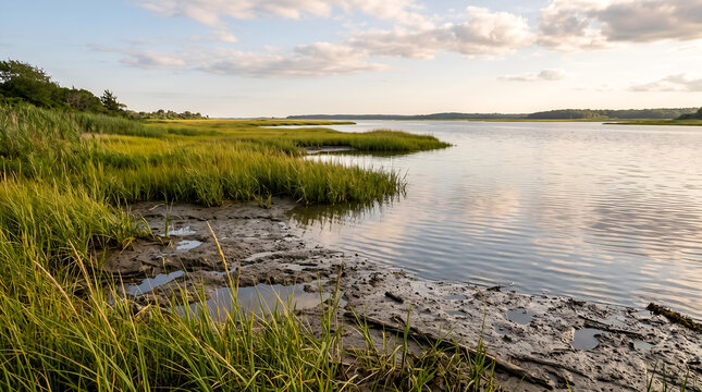Healthy estuarine marsh supporting shoreline resilience, blue carbon ecosystems, and coastal restoration for environmental reporting and sustainability communication.
