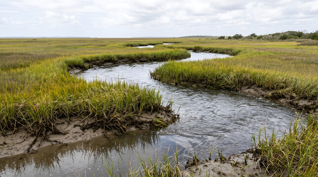 Natural tidal creek within a healthy coastal wetland supporting shoreline conservation, climate adaptation, and ecosystem restoration projects.