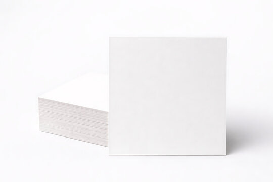 Minimalist square business card mockup, stack of blank white paper cards, professional corporate stationery template for branding identity isolated on White Background ai