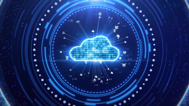 Cloud computing icon, tech big data cloud IOT, a luminous cloud icon constructed from binary code is centered within glowing blue concentric circles, with digital connectivity icons radiating outward.