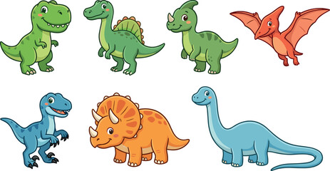 Cute cartoon dinosaur character collection vector illustration featuring tyrannosaurus rex triceratops brachiosaurus pterodactyl spinosaurus and raptor isolated on white background © MstBizly