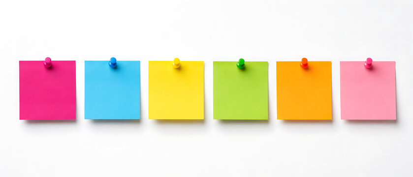 Colorful sticky notes with push pins in a row, vibrant paper memo pads for office organization, blank adhesive reminder notes for business planning isolated on White Background ai