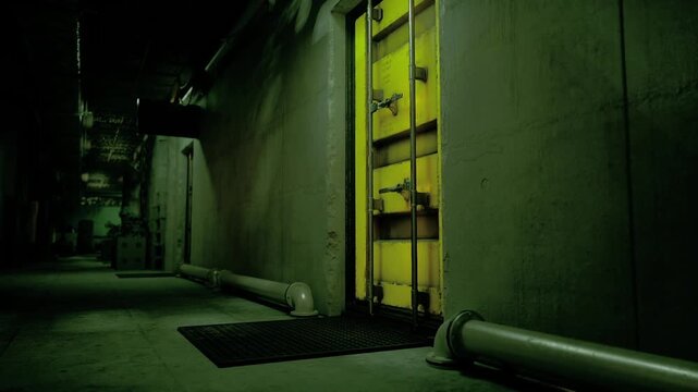 Yellow door in dark industrial corridor, flickering green light, concrete walls, pipes, worn threshold, atmospheric shadows, sense of restricted access