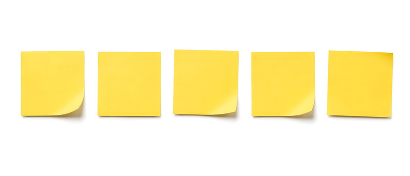 Yellow sticky notes in a row, five blank adhesive paper squares for reminders, office stationery supplies for planning and organization isolated on White Background ai
