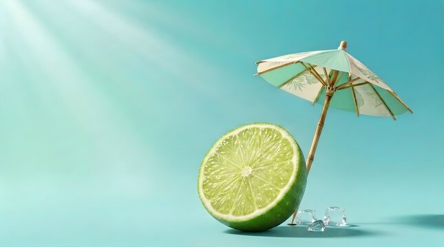 Beverage advertising concept showcasing fresh lime slice with miniature beach umbrella and ice for summer refreshment
