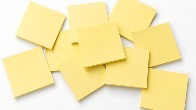 Yellow sticky notes scattered, blank adhesive paper reminders for office organization, collection of square memo pads for planning isolated on White Background ai