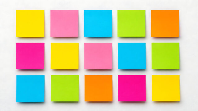 Colorful sticky notes in a grid layout, vibrant office adhesive memo pads, set of 15 multi-colored paper reminders for business planning and organization isolated on White Background ai