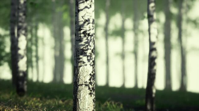 Detailed birch bark texture in focus with soft blurred trunks behind, high contrast patterns and natural peeling. Tactile study ideal for texture libraries,