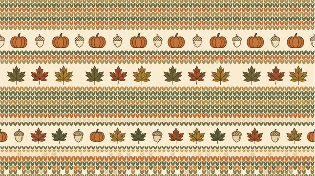 Autumn Sweater Pattern Vector Illustration with Pumpkins, Acorns, and Maple Leaves in Warm Earth Tones, Seamless Knit Texture Background, Cozy Fall Design Element