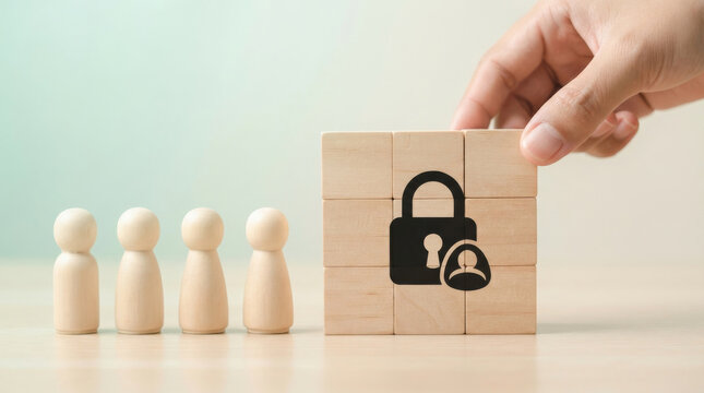 Data privacy and personal security concept, wooden blocks with padlock icon protecting human figures, cybersecurity and identity protection