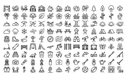 Outdoor camping and nature line icons set including mountain tent tree bicycle map and adventure vector symbols © Begum