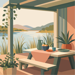 Fototapeta premium Lakeside Dining Porch Illustration With Table Plants Large Window And Calm Water View