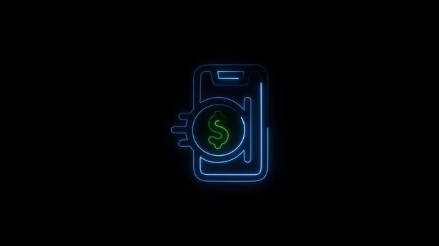 Neon fintech icon with mobile phone and doller sign