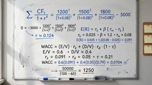 Financial Mathematics Formulas and Calculations on a Whiteboard.