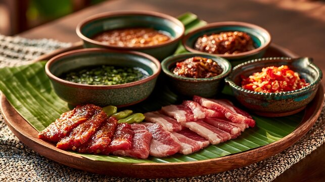 Grilled sliced pork belly served on a banana leaf platter with various dipping sauces and chili pastes