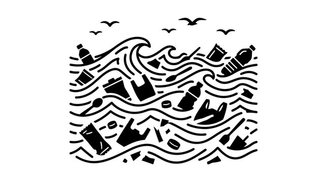 Ocean Pollution: Plastic Waste Floating in Wavy Water, Environmental Concept