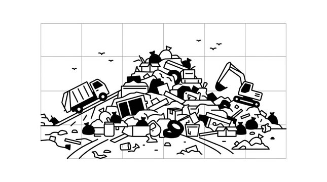 Overflowing landfill with garbage truck and excavator, environmental pollution concept