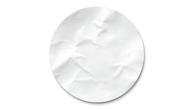 Crumpled white paper sticker, round adhesive label with wrinkled texture, blank circular paper decal for product packaging mockups isolated on White Background ai