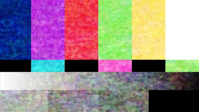 Digital screen displays classic broadcast test pattern with vibrant color bars, transitioning to pixelated signal error and digital noise