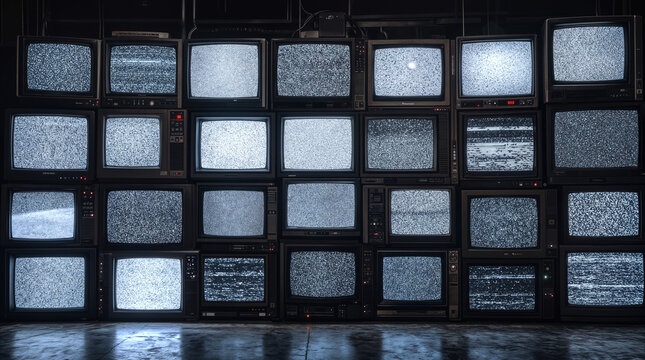 Wall of vintage television sets displaying static noise and interference in dark room. Retro media technology and analog signal failure concept.