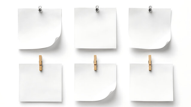 Minimalist white sticky notes collection, blank paper memo set with push pins and wooden clothespins, office reminder stationery mockup isolated on White Background ai