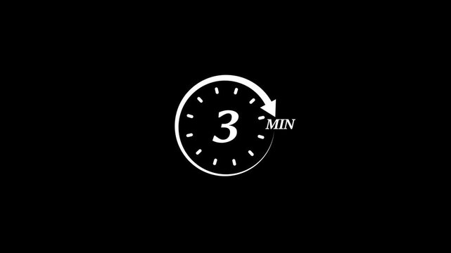 Timer 3 minutes countdown clock animation white on black background