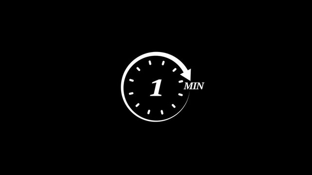 Timer 1 minutes countdown clock animation white on black background
