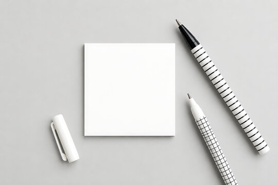 Minimalist blank square note paper with pens, clean office stationery mockup, white sticky note for business reminders isolated on White Background ai