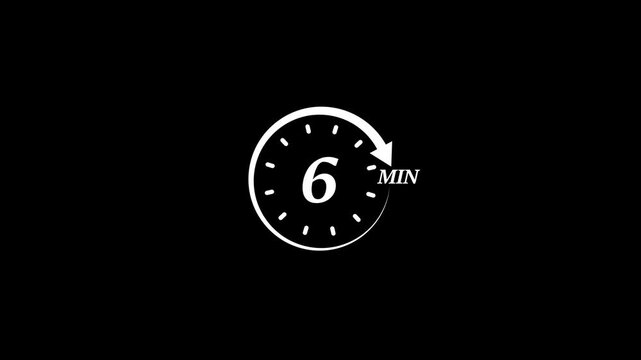 Timer 6 minutes countdown clock animation white on black background