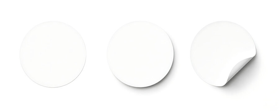 White circular sticker mockups with curled edge, blank round adhesive paper labels set, realistic 3D paper decals for branding and packaging isolated on White Background ai