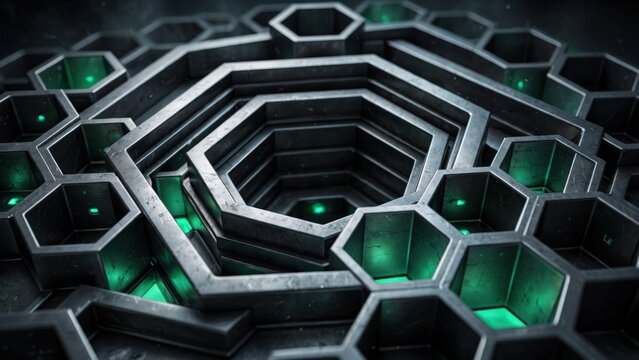 Abstract Hexagonal Structure with Glowing Green Interior.