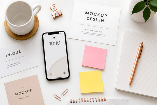 Minimalist workspace mockup with smartphone and stationery, clean office desk flat lay with paper cards and coffee cup, professional creative desktop isolated on White Background ai