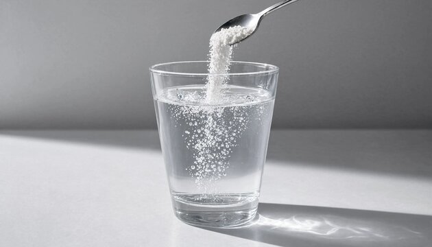 A metal spoon pouring white powder into a clear glass filled with water on a grey surface