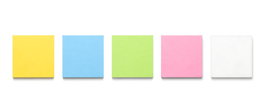 Colorful sticky notes in a row, vibrant paper adhesive pads for office organization, set of five pastel memo notes for business planning isolated on White Background ai