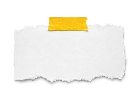Torn white paper scrap with yellow adhesive tape, ripped paper note for message, textured paper fragment with sticky tape for office reminders isolated on White Background ai