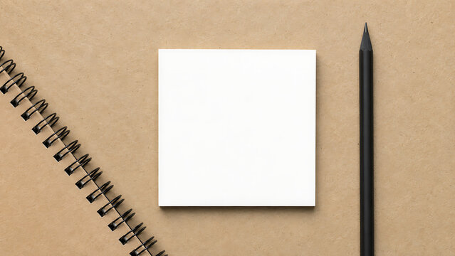 Minimalist white square paper mockup on brown kraft notebook, blank sticky note with black pencil, creative workspace stationery for branding isolated on White Background ai