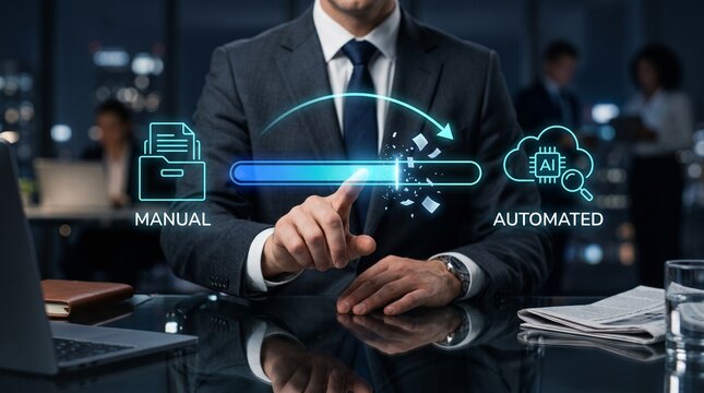 Businessman touching digital interface. Digital transformation of manual to automated process.