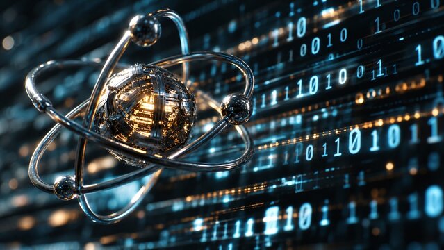 Futuristic quantum computing concept with binary code