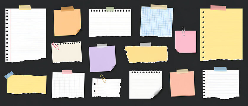 Assorted paper scraps and sticky notes with tape, collection of 15 torn notebook pages and memo pads, colorful stationery set for scrapbooking isolated on White Background ai