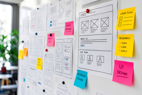 UX design wireframes on whiteboard, website interface sketches with colorful sticky notes, user experience planning and UI design process isolated on White Background ai