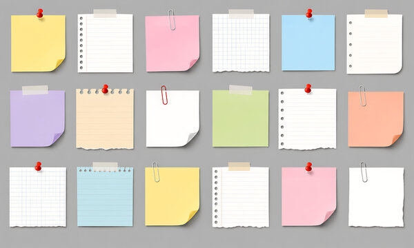 Colorful sticky notes collection, 18 paper memo pads with push pins and clips, pastel stationery set for office organization and reminders isolated on White Background ai