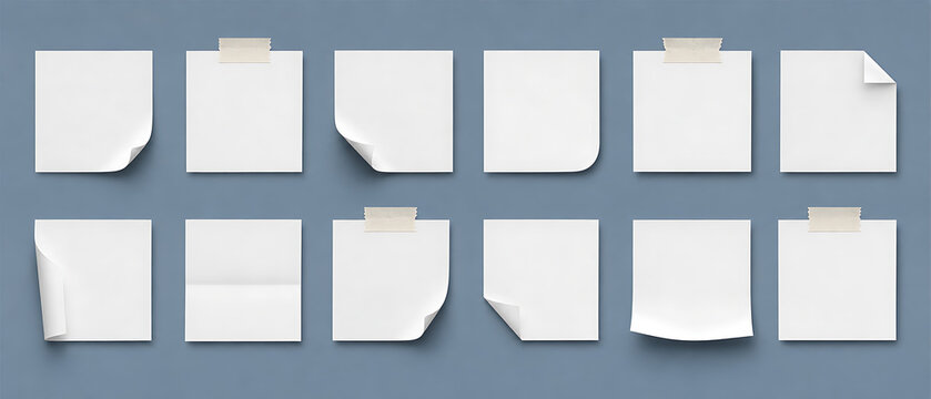 Minimalist white sticky notes collection, 12 blank paper memo pads with curled corners and adhesive tape, clean office stationery set for reminders isolated on White Background ai
