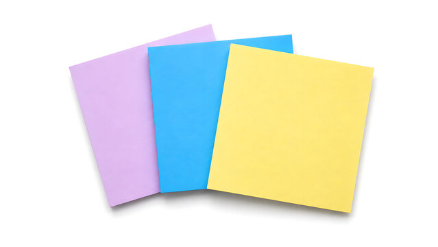 Colorful sticky notes in yellow, blue and purple, blank adhesive paper pads for office reminders, vibrant square stationery notes for business planning isolated on White Background ai
