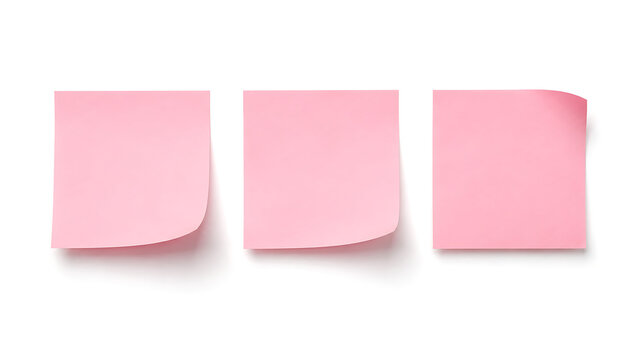 Pink sticky notes set of three, blank adhesive paper reminders with curled corners, pastel office stationery for messages and organization isolated on White Background ai