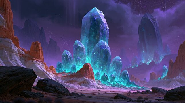 Beautiful fantasy landscape of an alien planet with huge glowing blue crystals under a dramatic purple sky